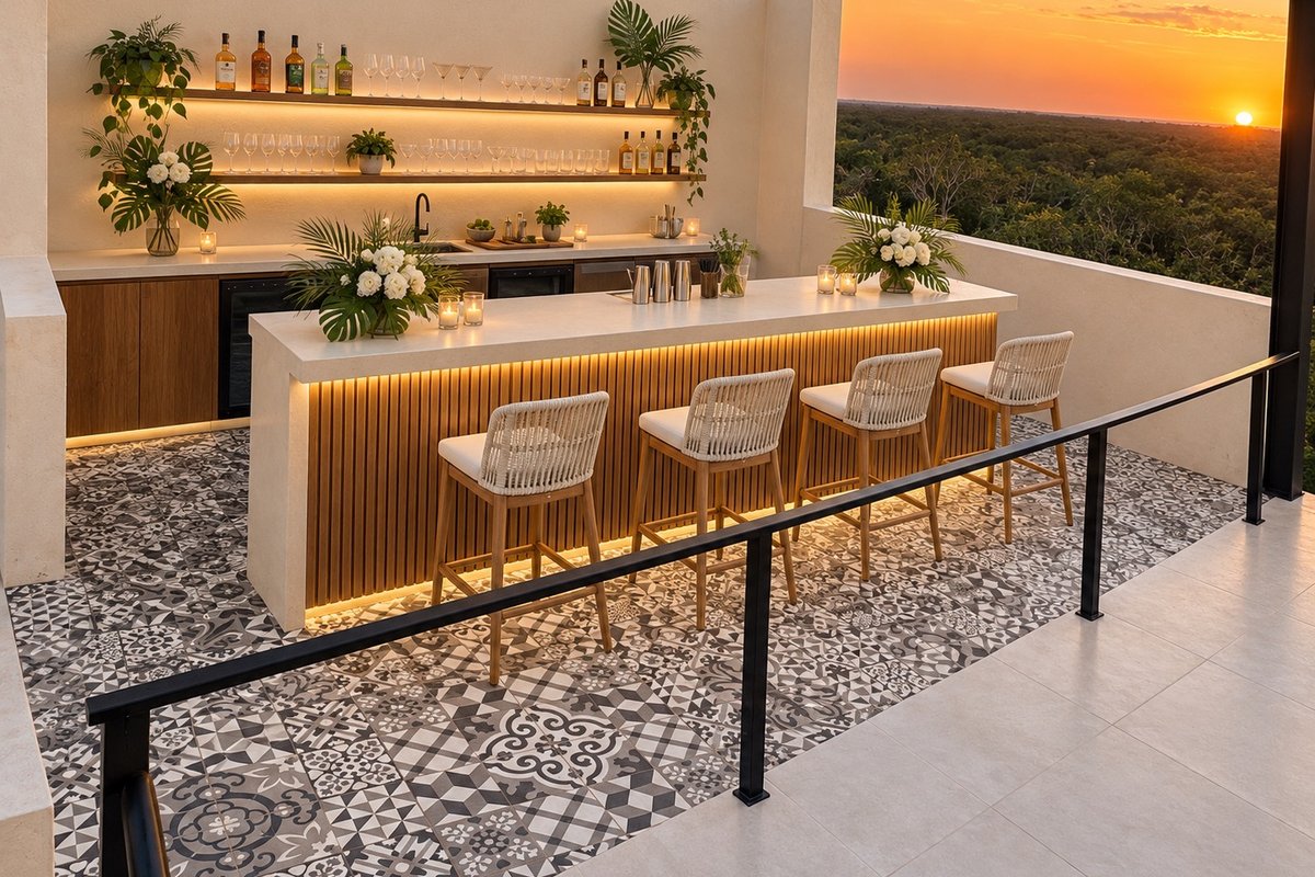 Rooftop bar at sunset overlooking Tulum